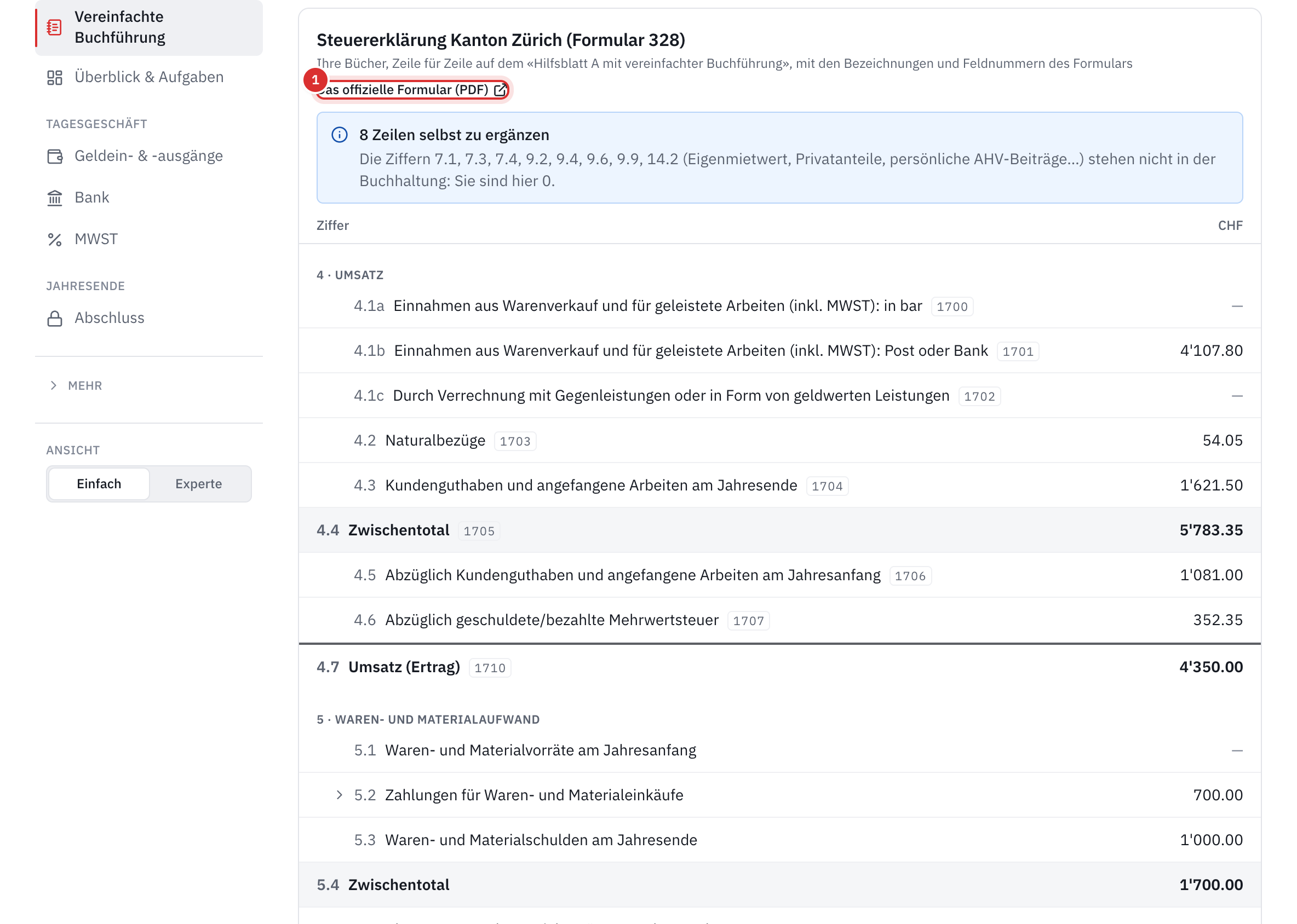 Die Ansicht Steuererklärung ZH 328: der Link zum offiziellen Formular, die selbst zu ergänzenden Zeilen und die Zeilen des Umsatzes.