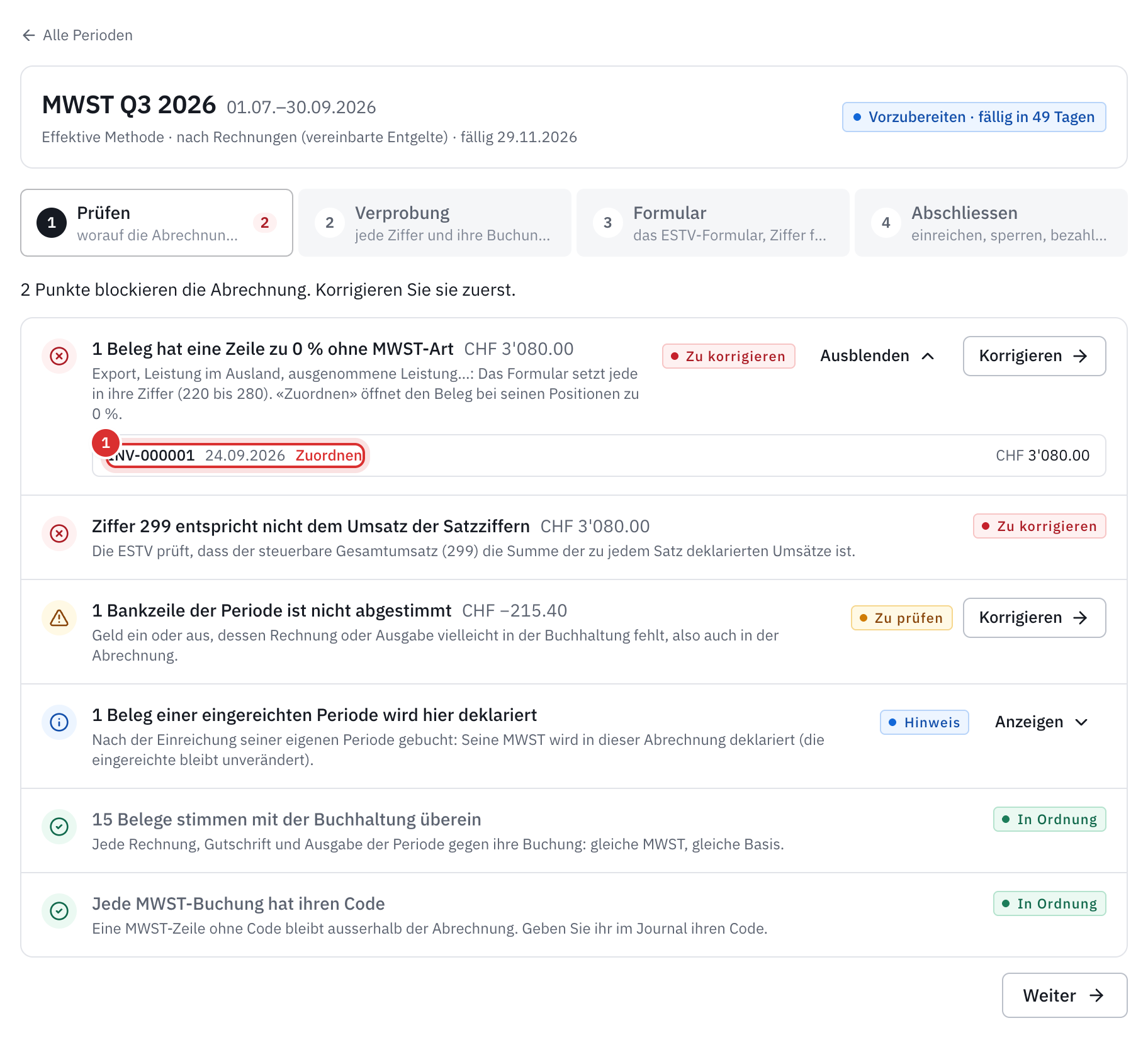 Der Schritt Prüfen für Q3 2026: eine Zeile zu 0 % ohne MWST-Art zu korrigieren, mit dem Link Zuordnen, eine nicht abgeglichene Bankbewegung und ein verspäteter Beleg.