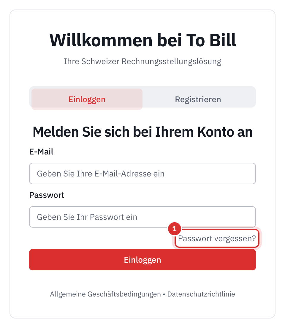 Die Seite Melden Sie sich bei Ihrem Konto an: E-Mail, Passwort und der Link Passwort vergessen.