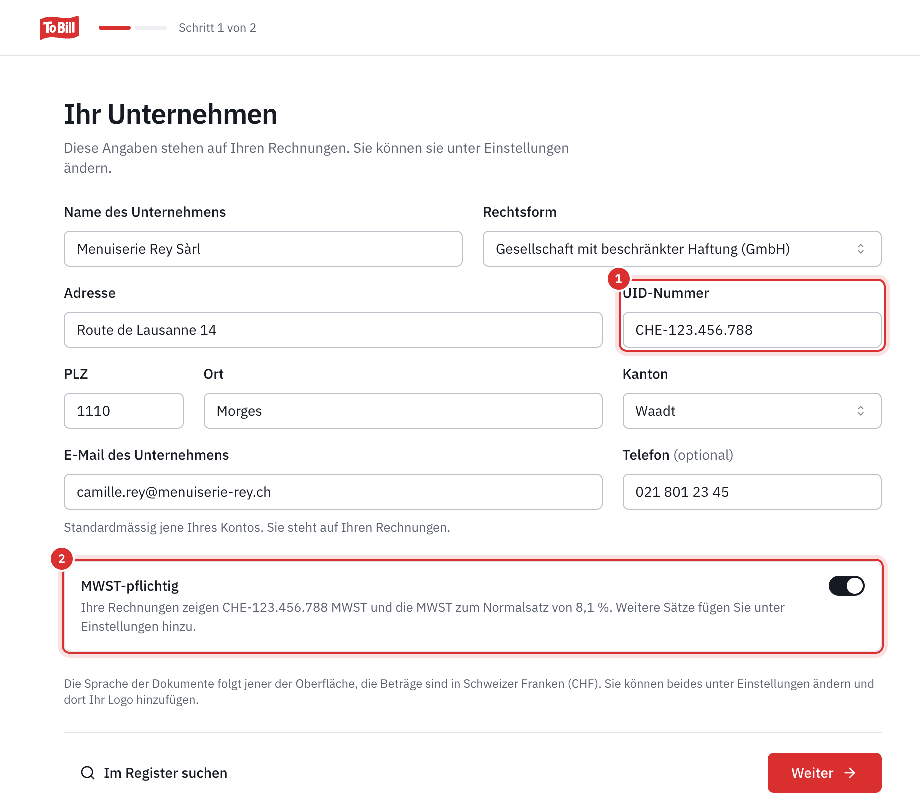 Der Schritt Ihr Unternehmen, von Hand ausgefüllt: Name, Rechtsform GmbH, Adresse, UID-Nummer, PLZ, Ort, Kanton Waadt, E-Mail, Telefon und der aktivierte Schalter MWST-pflichtig.