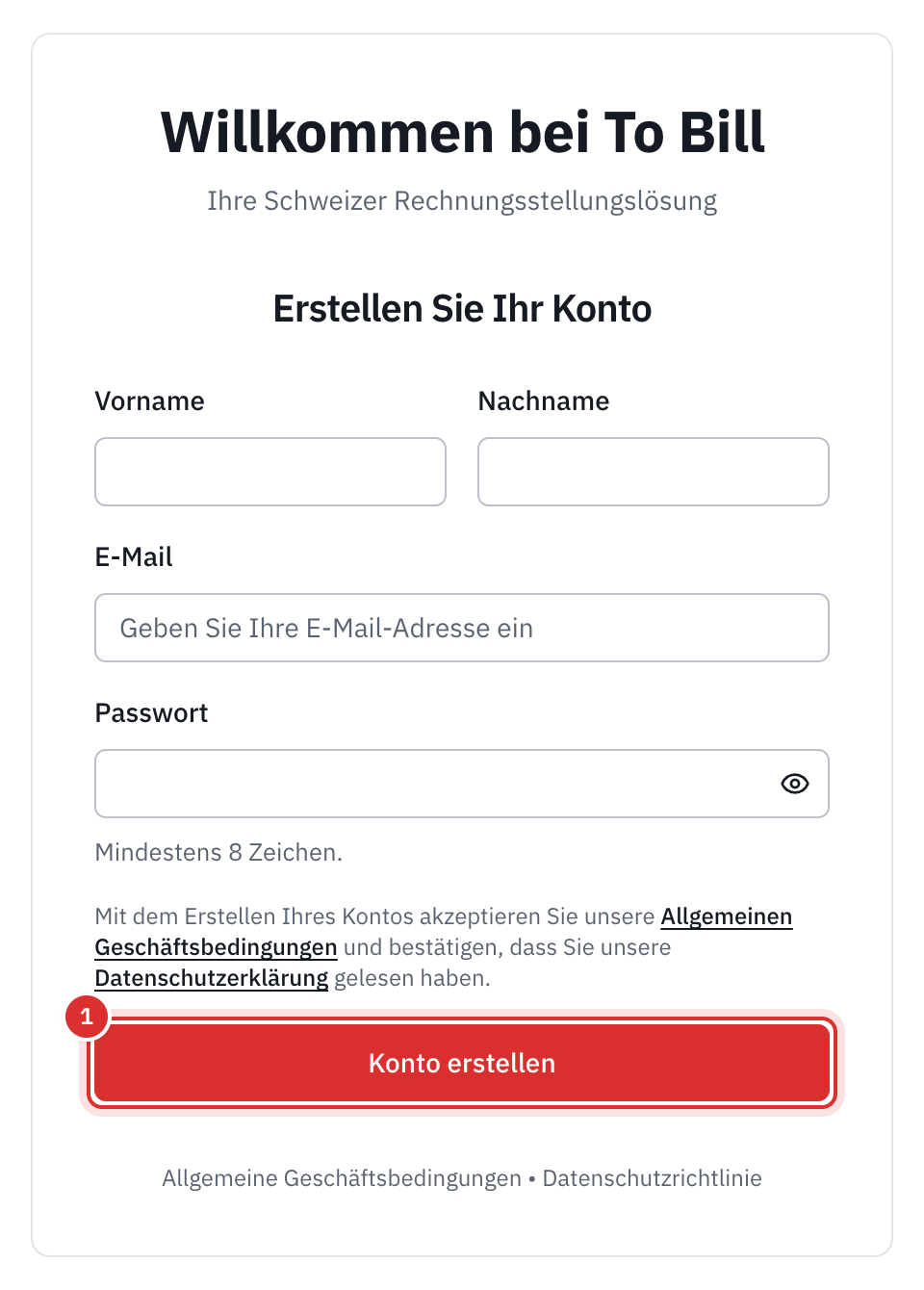 Das Formular Erstellen Sie Ihr Konto: Vorname, Nachname, E-Mail, Passwort, der Satz zu den Allgemeinen Geschäftsbedingungen und die Schaltfläche Konto erstellen.