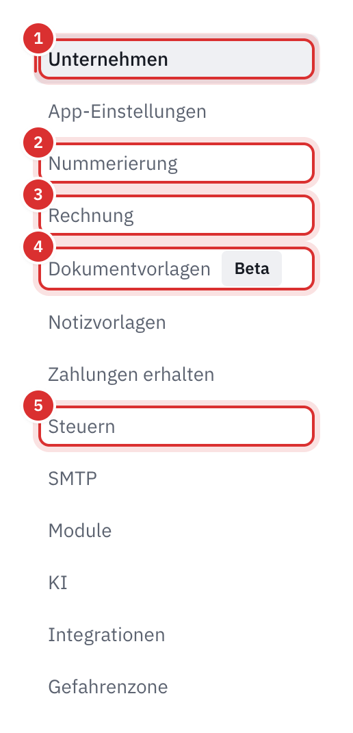 Das Menü der Einstellungen, mit Unternehmen, Nummerierung, Rechnung, Dokumentvorlagen und Steuern markiert.
