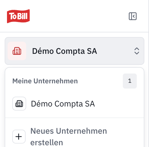 Die geöffnete Unternehmensauswahl: Meine Anwendungen, das aktuelle Unternehmen und Neue Anwendung erstellen.