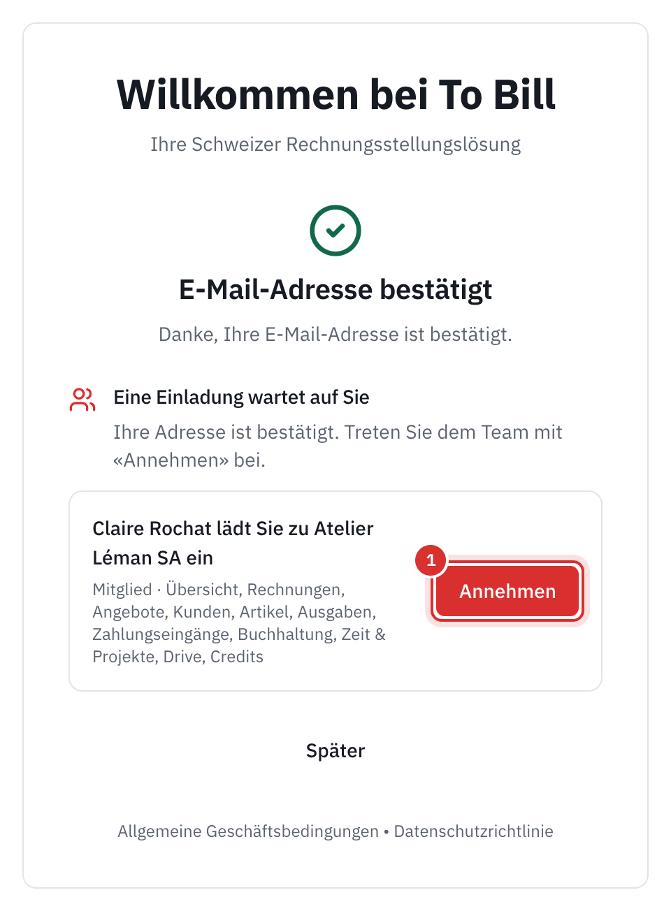 Die Seite E-Mail-Adresse bestätigt: Eine Einladung wartet auf Sie, Claire Rochat lädt Sie zu Atelier Léman SA ein, die Rolle Mitglied und ihre Bereiche, die Schaltfläche Annehmen und darunter Später.