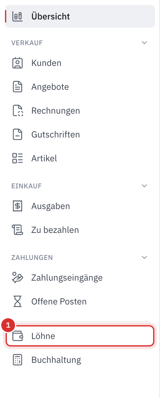 Das linke Menü: Verkauf, Einkauf und Zahlungen, dann der neue Eintrag Löhne vor Buchhaltung.