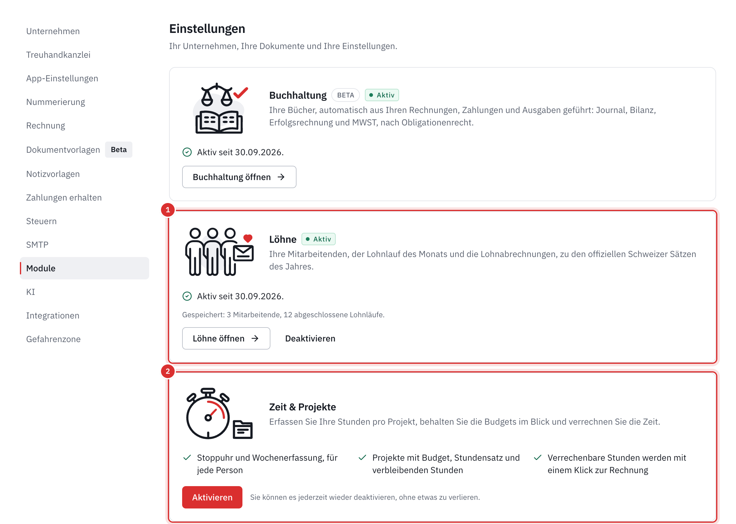 Der Tab Module: Buchhaltung und Löhne aktiviert, mit Öffnen und Deaktivieren, und Zeit & Projekte mit der Schaltfläche Aktivieren.