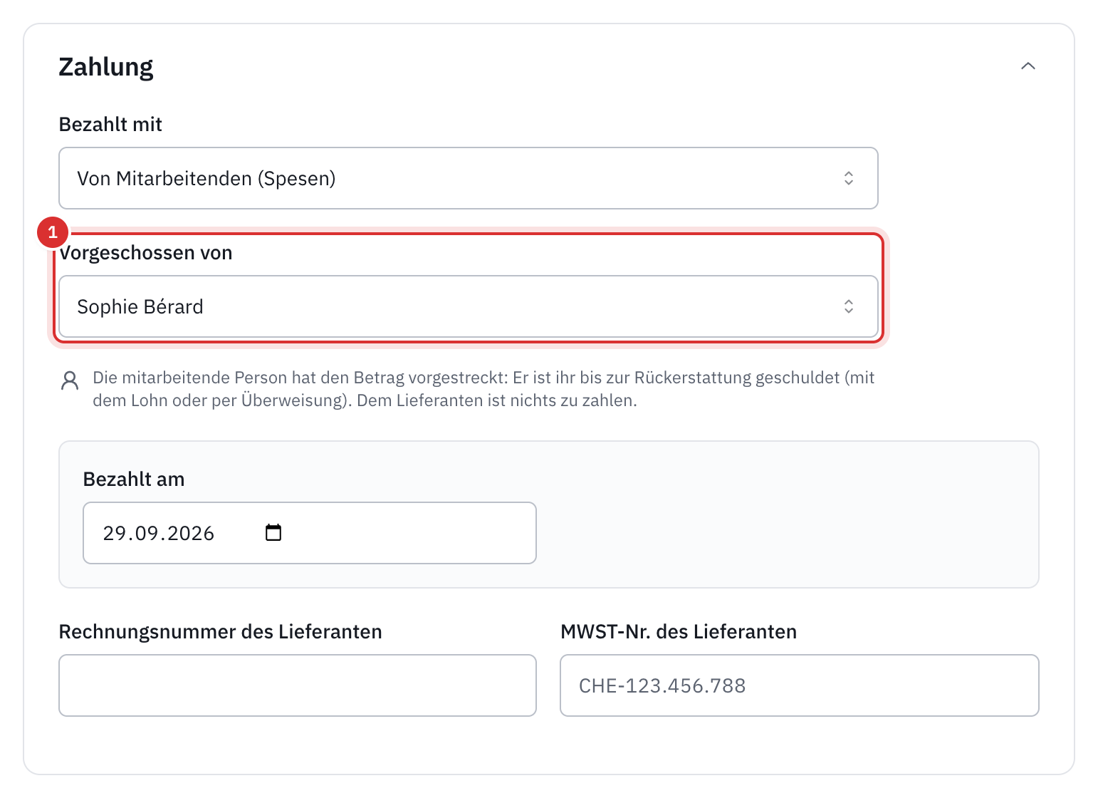 Die Zahlung einer Ausgabe, bezahlt Von Mitarbeitenden (Spesen), mit dem Feld Vorgeschossen von: Sophie Bérard.