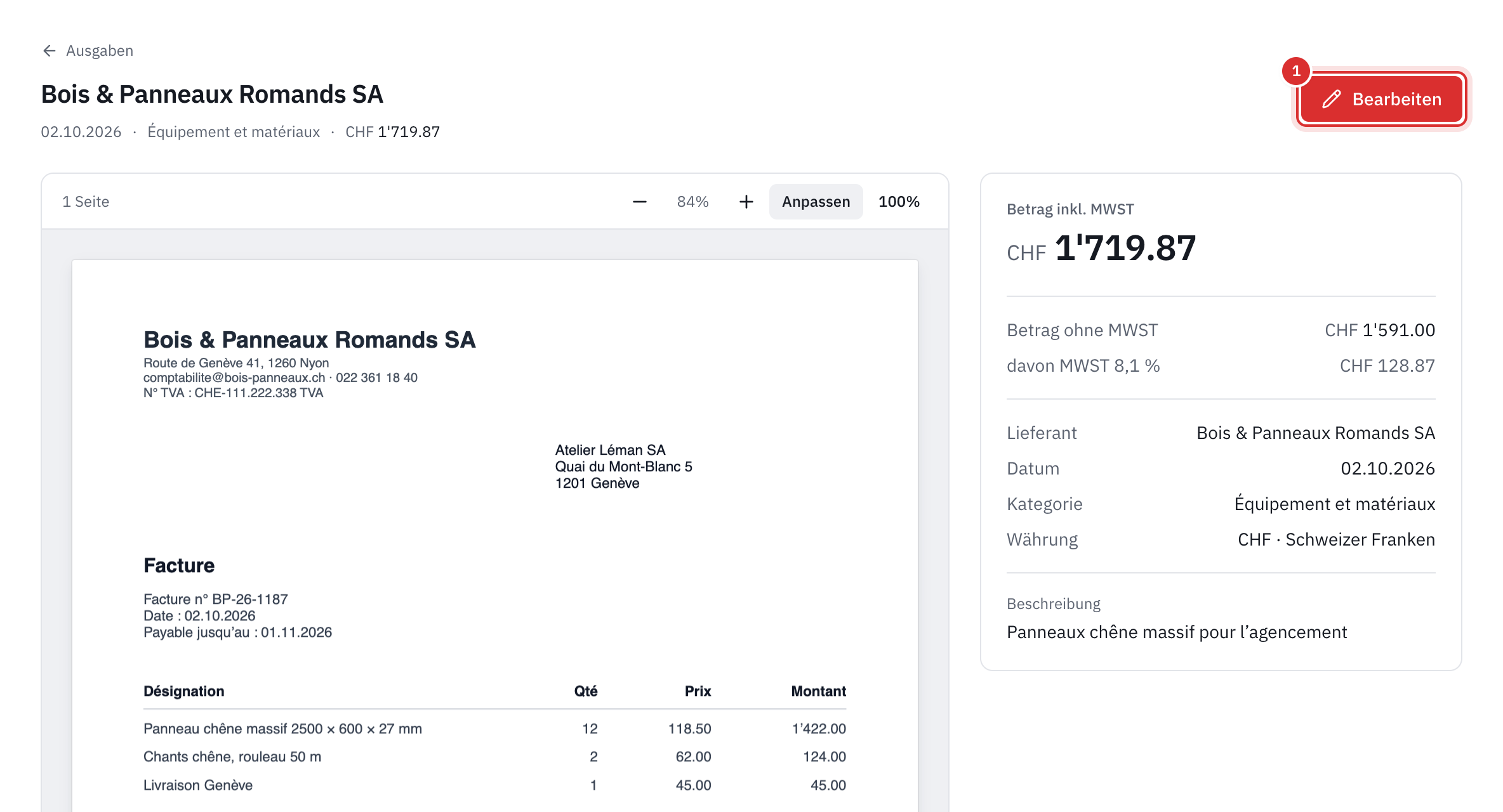 Die Seite einer Ausgabe: links der Beleg als PDF, rechts der Betrag inkl. MWST, der Betrag ohne MWST, die MWST und die Details, mit der Schaltfläche Bearbeiten.