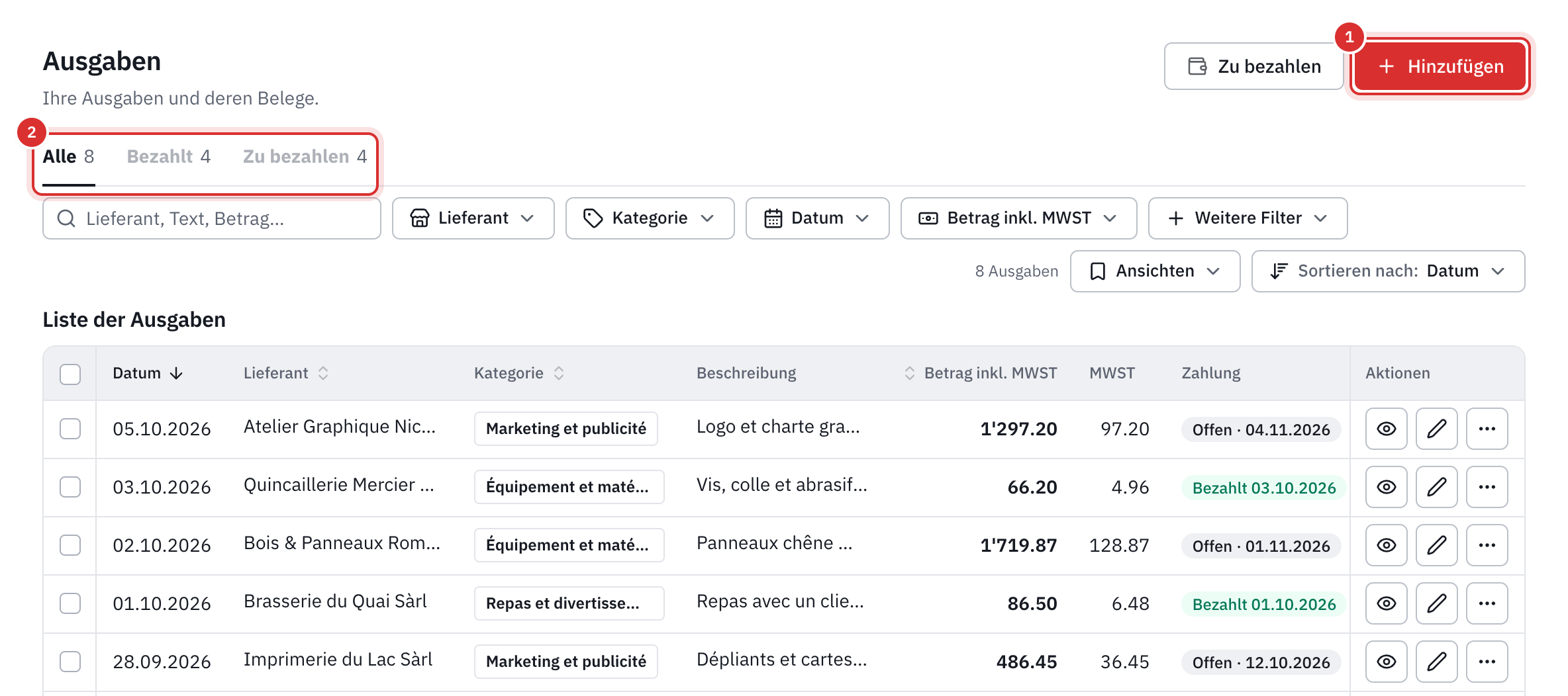 Die Liste der Ausgaben: die Schaltfläche Hinzufügen, die Tabs Alle, Bezahlt und Zu bezahlen, darunter die Tabelle mit Lieferant, Kategorie, Betrag inkl. MWST, MWST und Zahlung.
