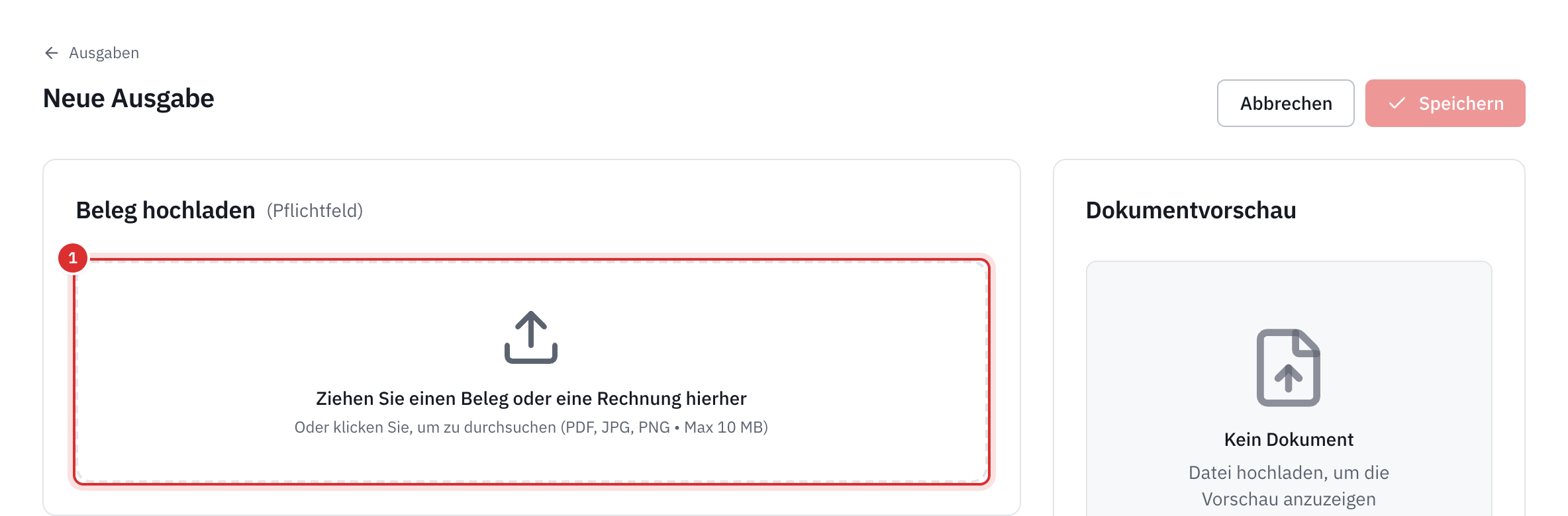 Die Seite Neue Ausgabe: der Bereich Beleg hochladen, als Pflichtfeld markiert, und rechts die Vorschau des Dokuments.