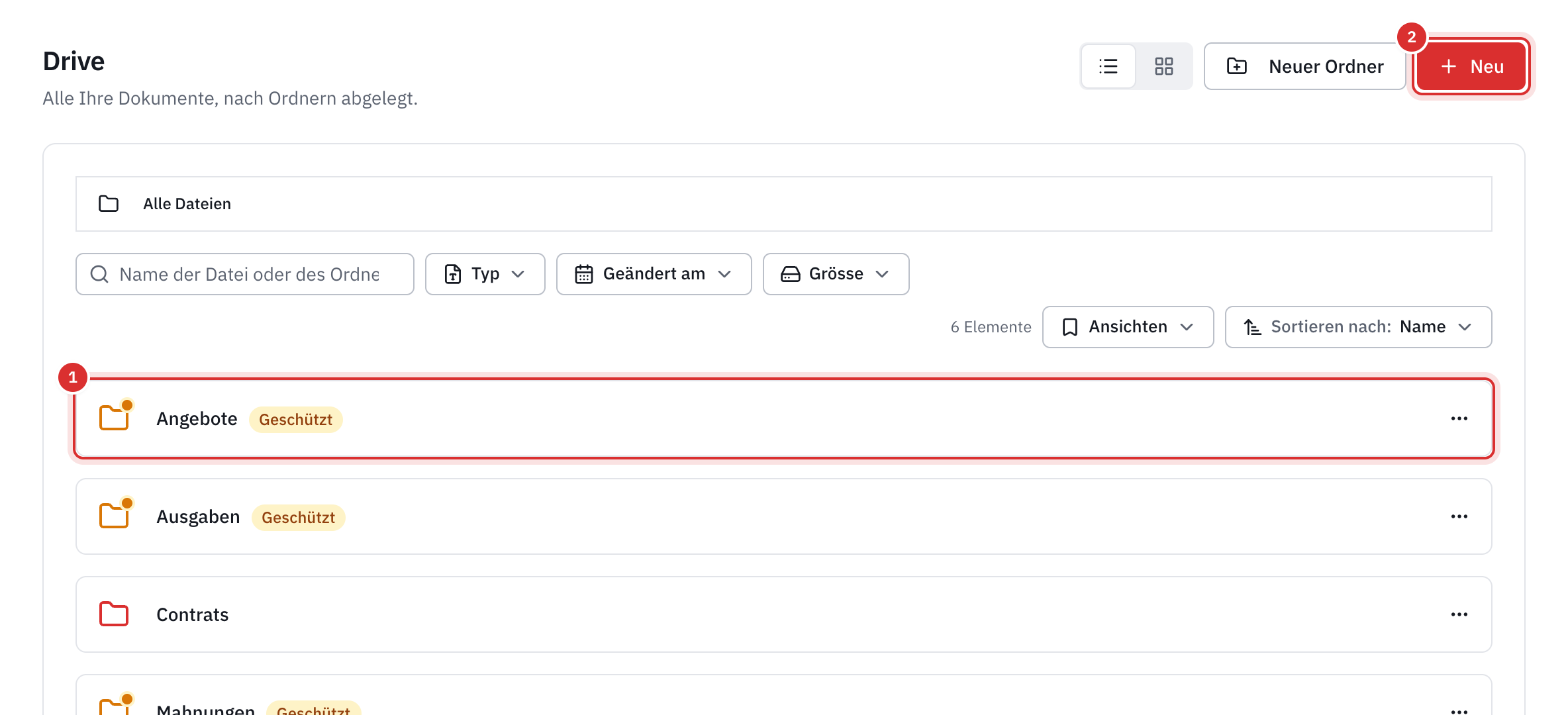 Der Drive: der Ordner Contrats, der als Geschützt markierte Ordner Ausgaben, eine PDF-Datei und die Schaltflächen Neuer Ordner und Neu.