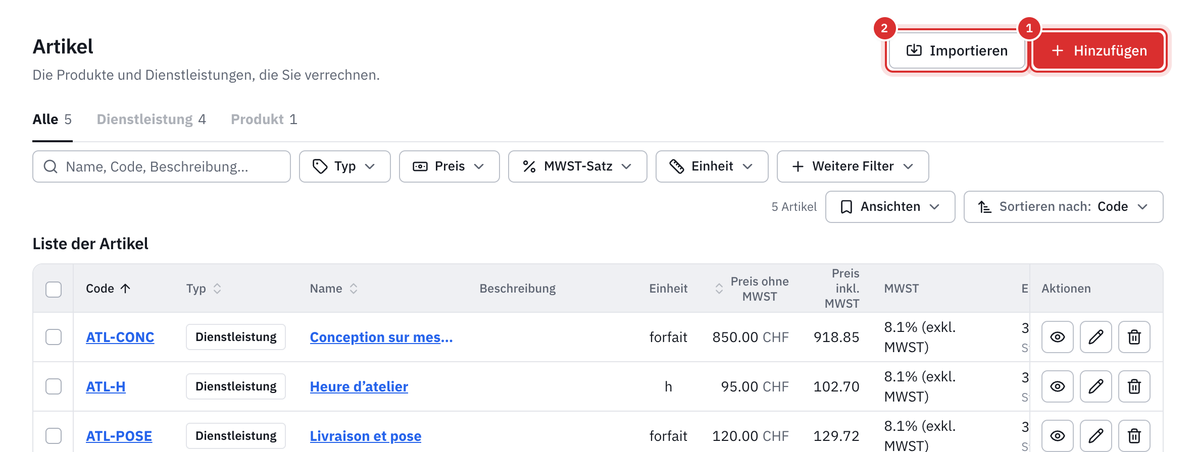 Die Artikelliste mit Code, Typ, Preis exkl. und inkl. MWST, MWST-Satz und Erlöskonto.