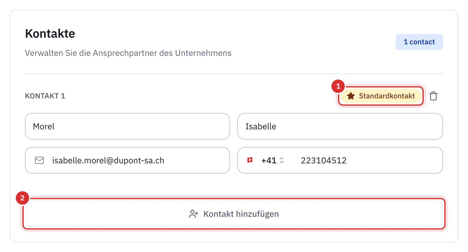 Der Bereich Kontakte im Datensatz eines Unternehmens, mit einem Standardkontakt und der Schaltfläche Kontakt hinzufügen.