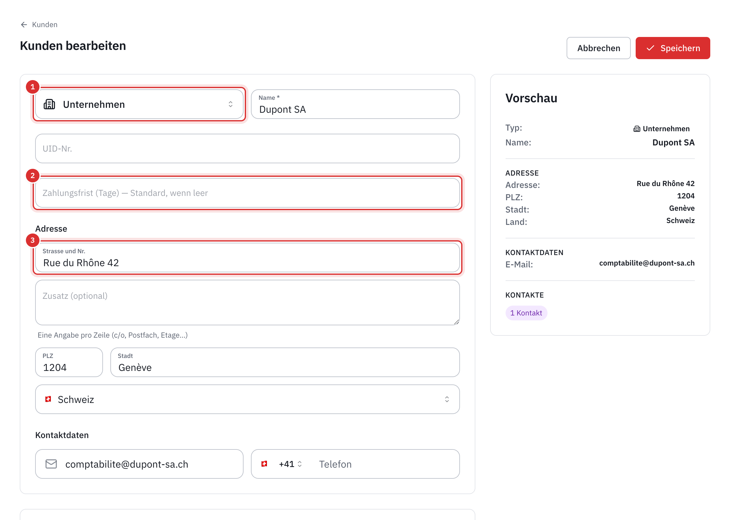 Der Datensatz eines Unternehmens in Bearbeitung: Typ Unternehmen, Name, UID-Nummer, Zahlungsfrist, Adresse mit Land und Kontaktdaten.