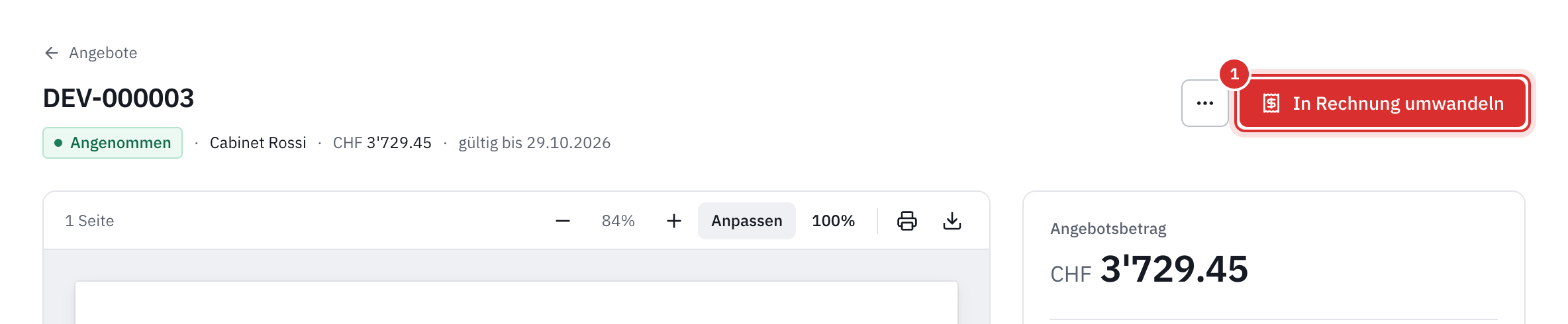 Der Kopf eines akzeptierten Angebots mit der Schaltfläche In Rechnung umwandeln.