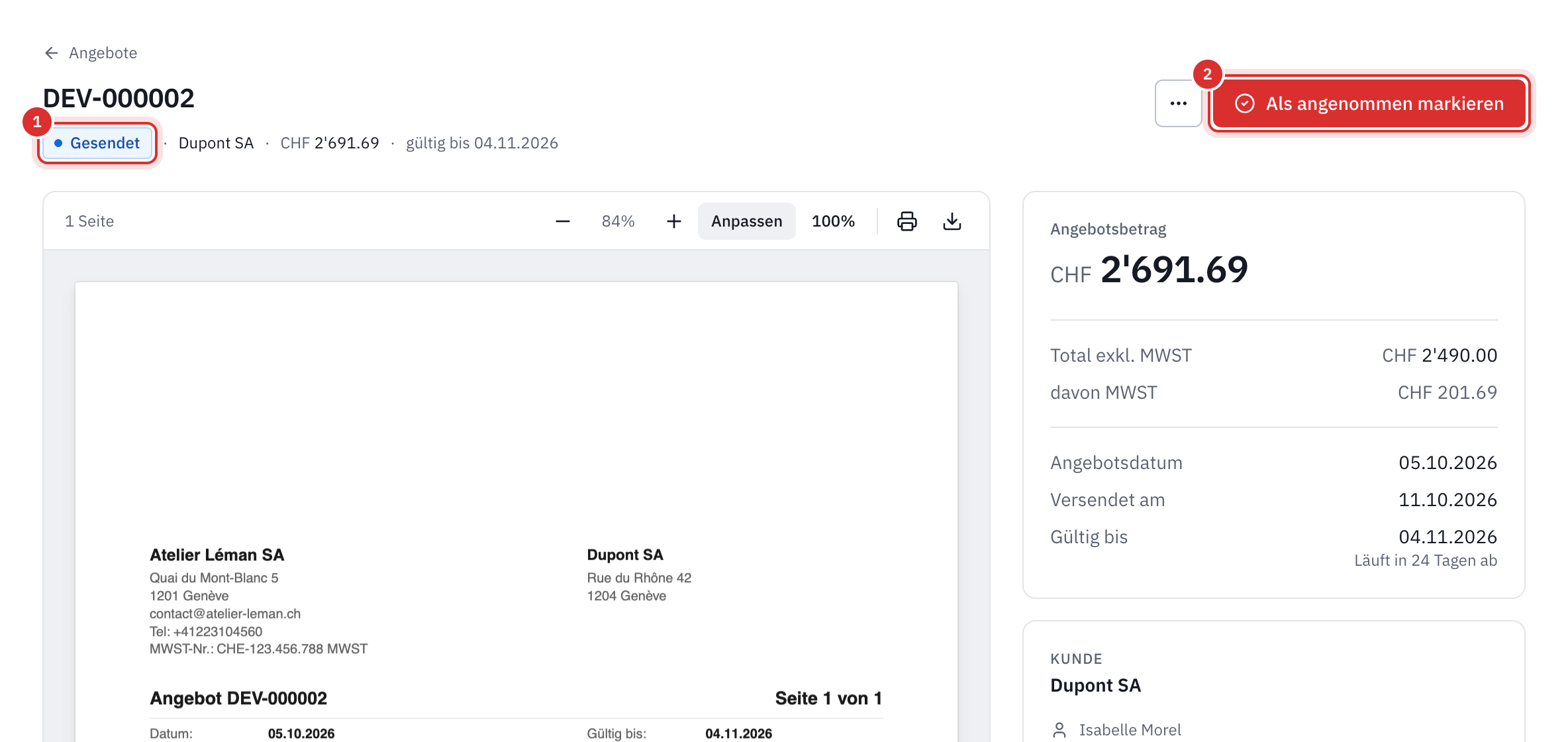 Die Seite eines gesendeten Angebots: Status Gesendet, die Schaltfläche Als angenommen markieren, die Vorschau des PDF und der Betrag des Angebots.
