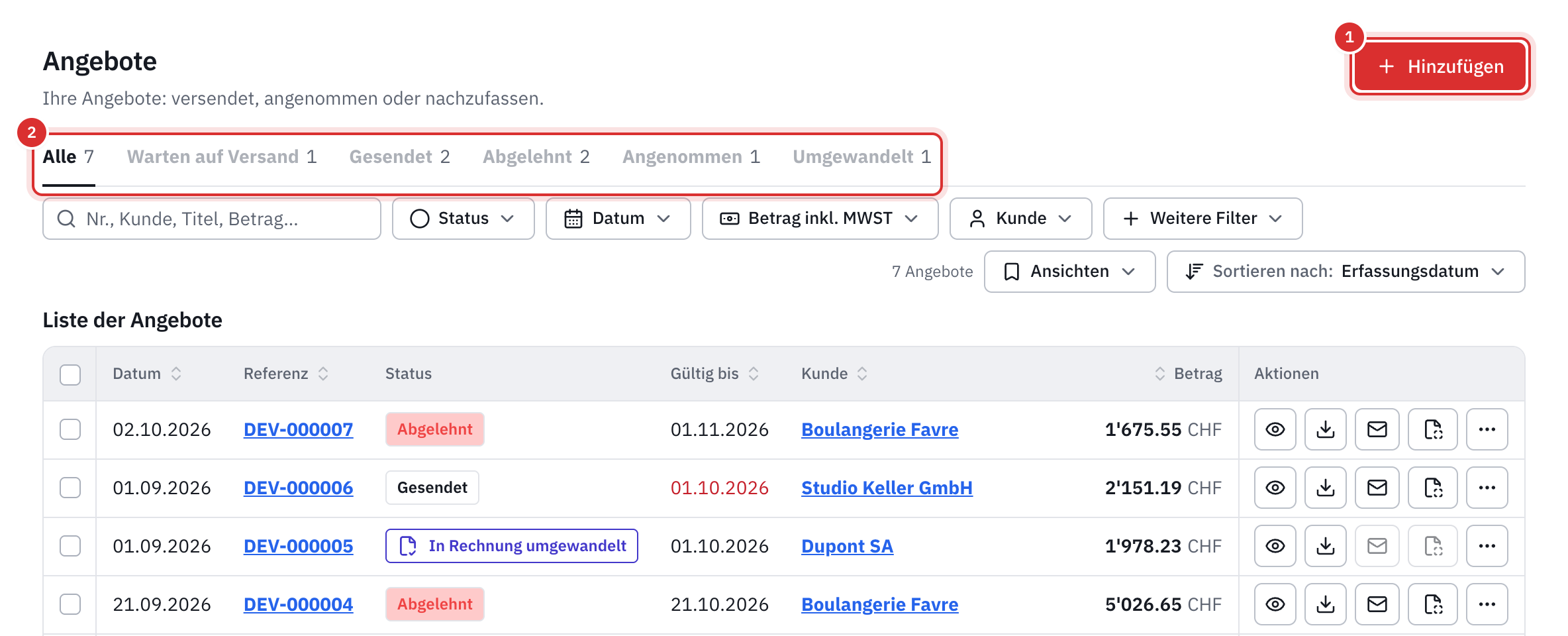 Die Angebotsliste mit der Schaltfläche Hinzufügen und den Registerkarten nach Status: Alle, Warten auf Versand, Gesendet, Abgelehnt, Angenommen, Umgewandelt.
