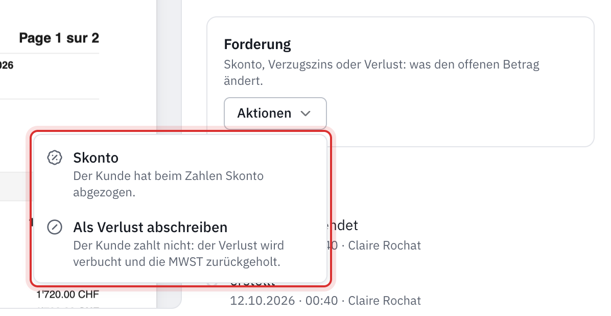 Das Feld Forderung einer Rechnung mit geöffnetem Menü Aktionen: Skonto und Als Verlust abschreiben.