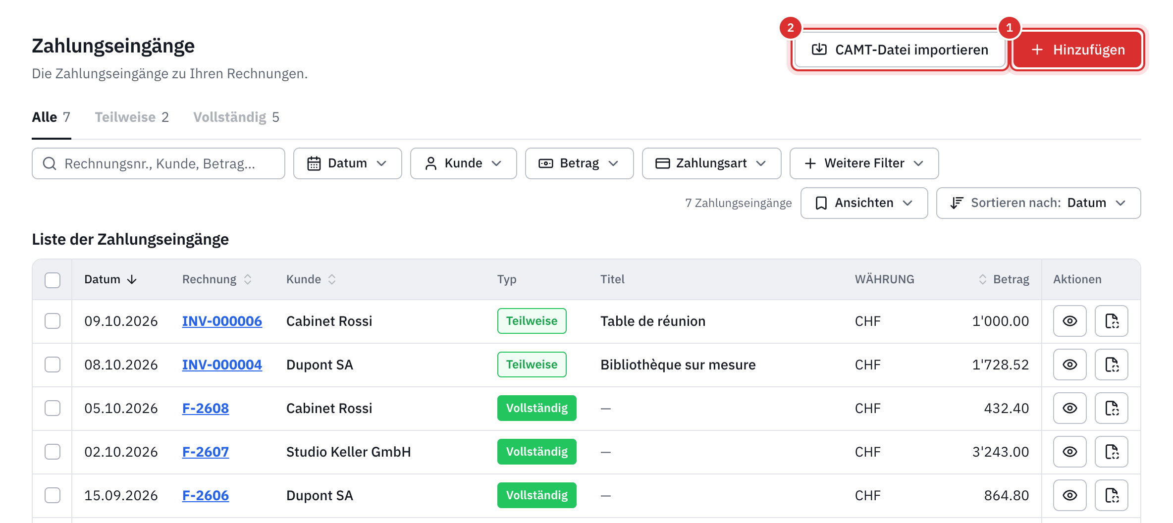 Die Liste der Einnahmen: die Schaltflächen Hinzufügen und CAMT-Datei importieren, die Registerkarten Alle, Teilweise und Vollständig, die Filter und die Tabelle der Zahlungen.