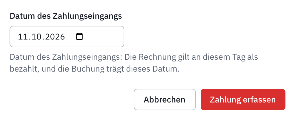 Das Fenster Rechnung als bezahlt markieren, mit dem Datum des Zahlungseingangs und der Schaltfläche Zahlung erfassen.
