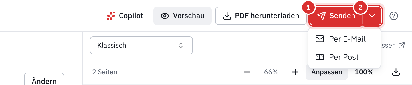 Der obere Teil des Rechnungseditors: die Schaltfläche Senden und ihr geöffneter Pfeil, mit Per E-Mail und Per Post.
