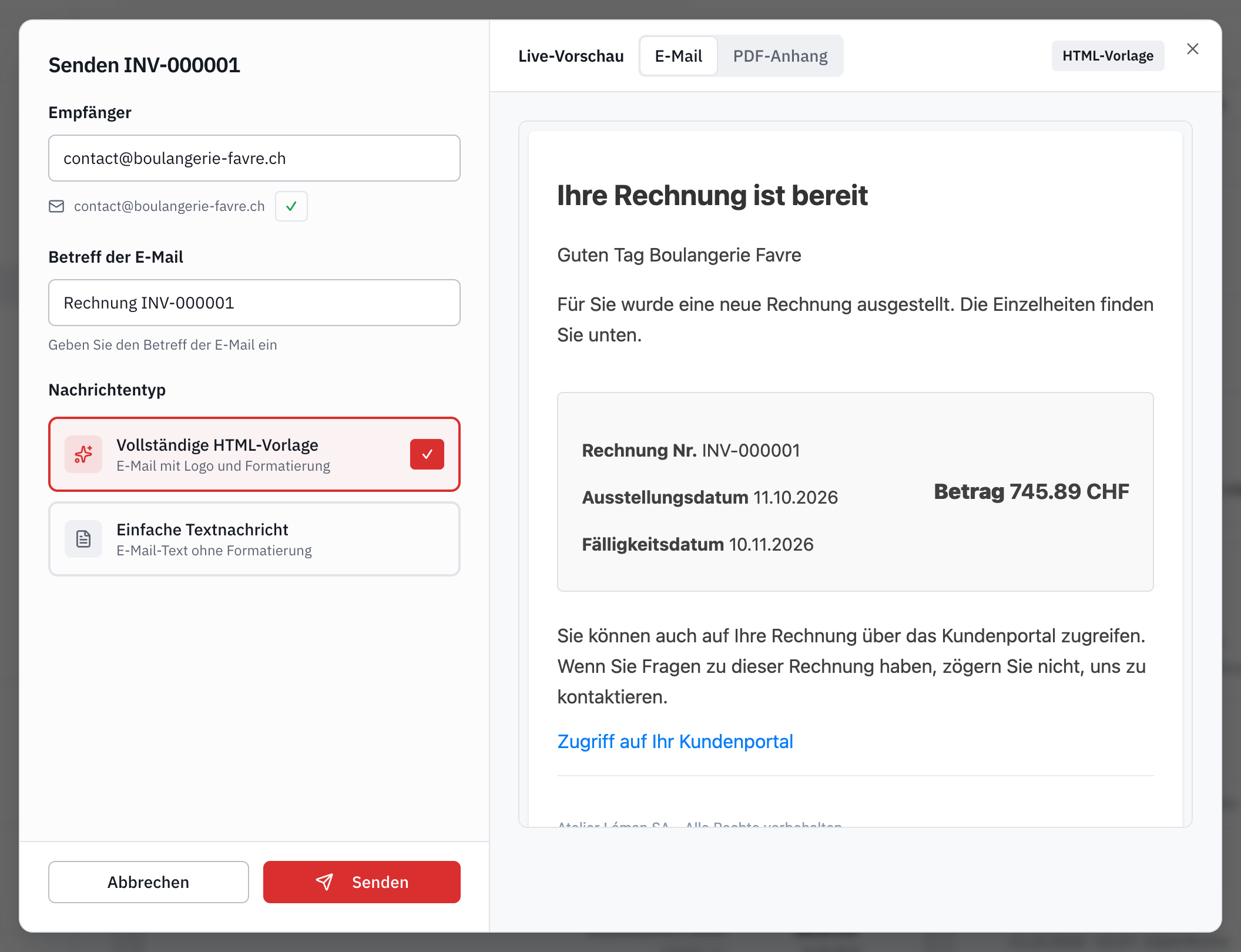 Das Versandfenster: Empfänger, weitere Kontakte, Betreff, Nachrichtentyp und die Vorschau der E-Mail mit dem Link zum Kundenportal.