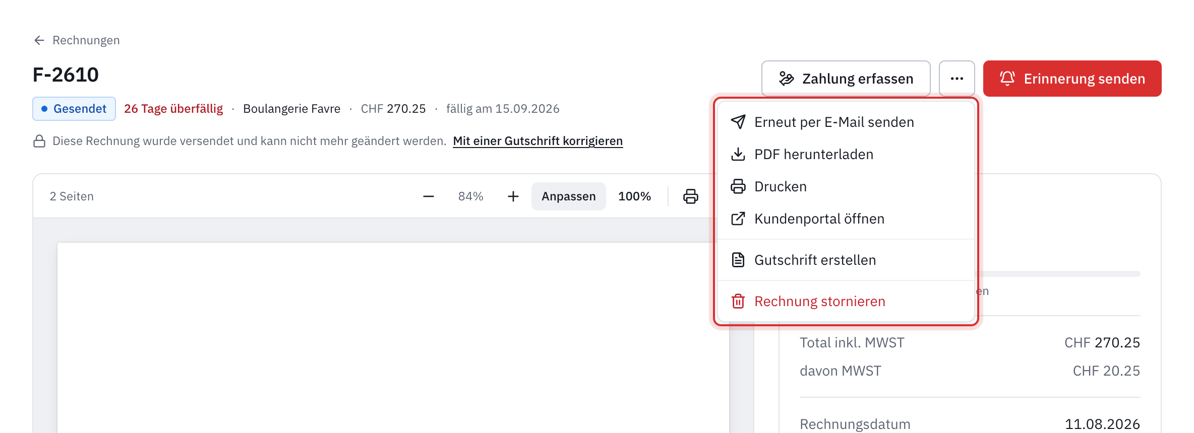 Das Menü Weitere Aktionen einer gesendeten Rechnung: Erneut per E-Mail senden, PDF herunterladen, Drucken, Kundenportal öffnen, Gutschrift erstellen und Rechnung stornieren.