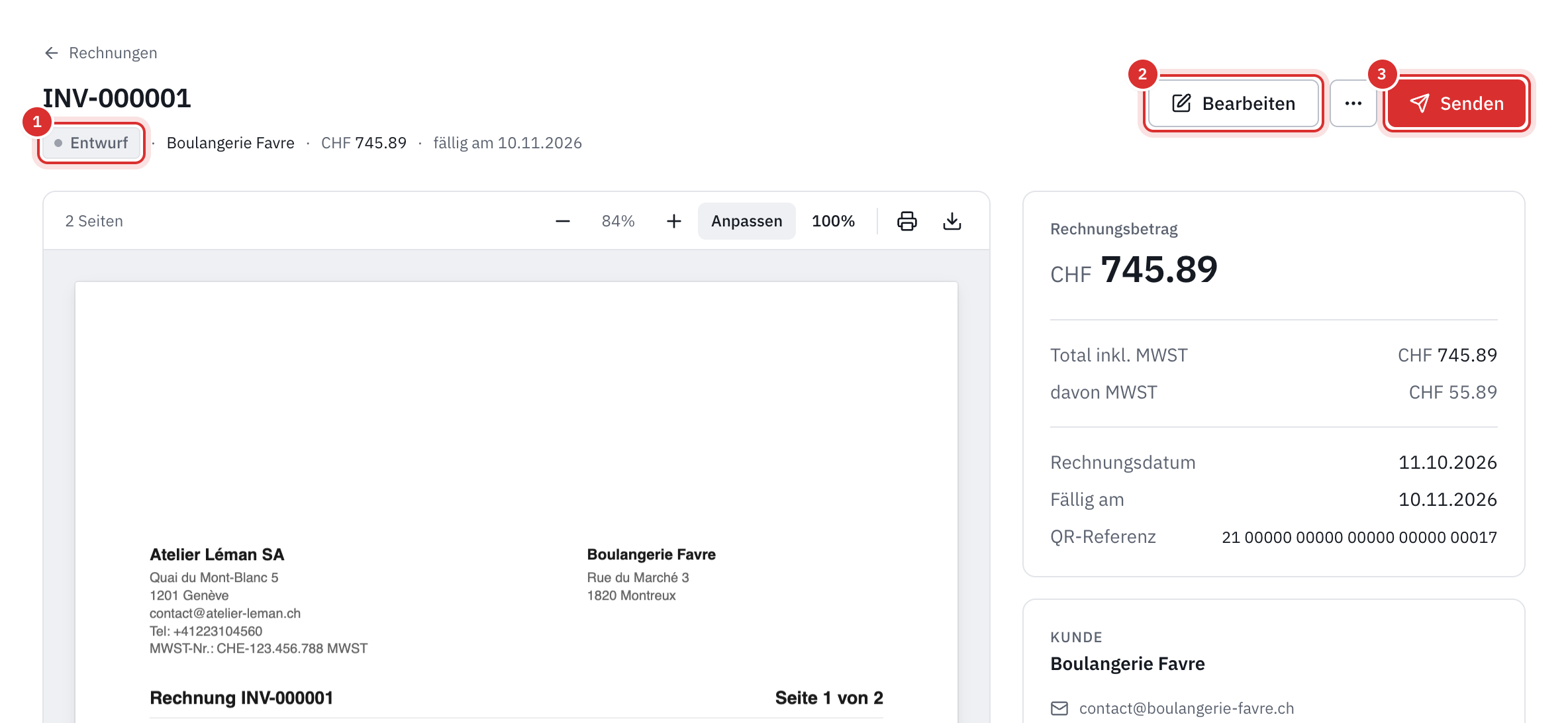 Die Seite einer Rechnung im Entwurf: Status, die Schaltflächen Bearbeiten und Senden, die Vorschau des PDF, Betrag, Daten und QR-Referenz.