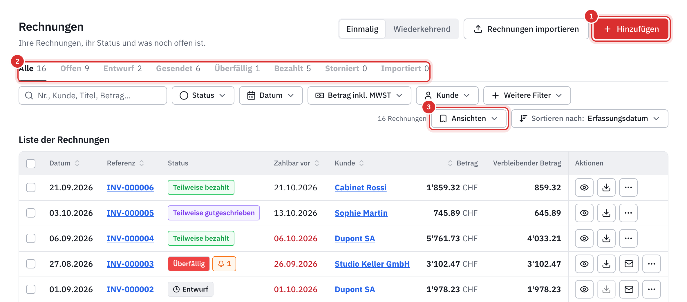 Die Rechnungsliste: die Schaltfläche Hinzufügen, die Registerkarten nach Status, die Filterleiste und die Tabelle mit Datum, Referenz, Status, Fälligkeit, Kunde, Betrag und offenem Restbetrag.