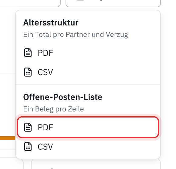 Das Menü Exportieren: Altersstruktur als PDF oder CSV, Offene-Posten-Liste als PDF oder CSV.