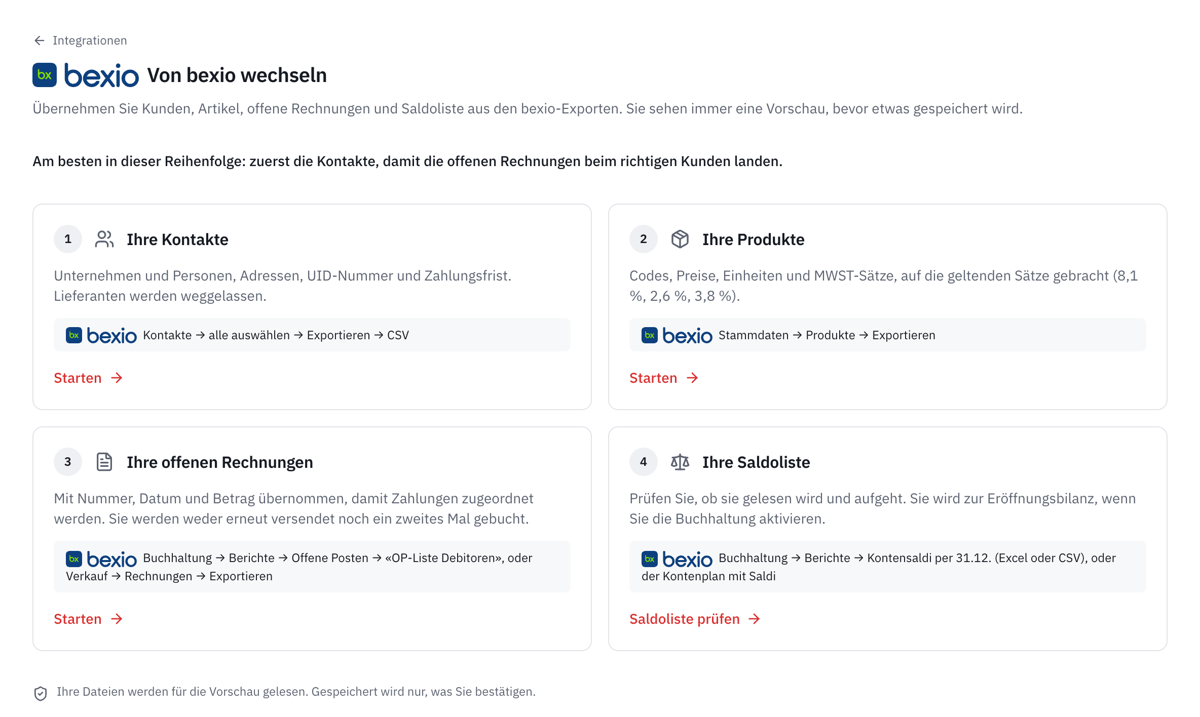 Die Seite Von bexio wechseln mit ihren vier Schritten: Ihre Kontakte, Ihre Produkte, Ihre offenen Rechnungen und Ihre Saldoliste, jeweils mit dem Pfad des Exports in bexio.