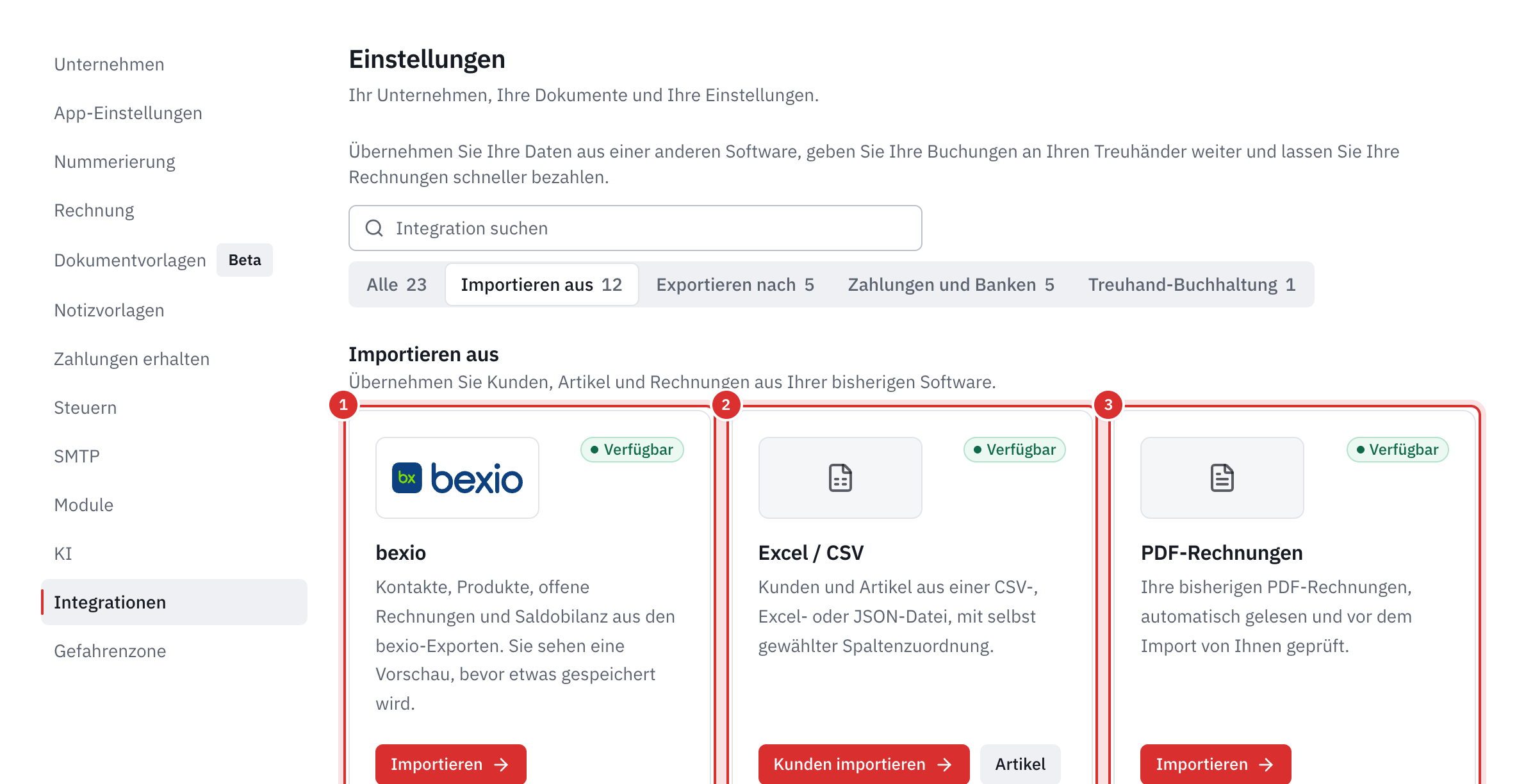Einstellungen, Integrationen, Kategorie Importieren aus: die Karten bexio, Excel / CSV und PDF-Rechnungen, verfügbar.