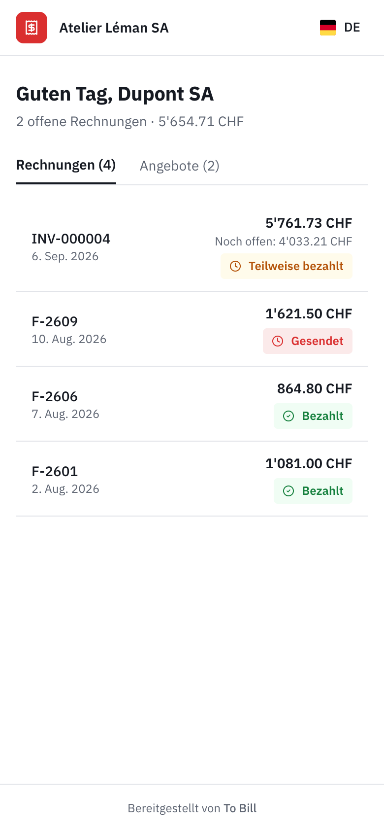 Das Kundenportal auf einem Telefon, mit der Liste der Rechnungen.