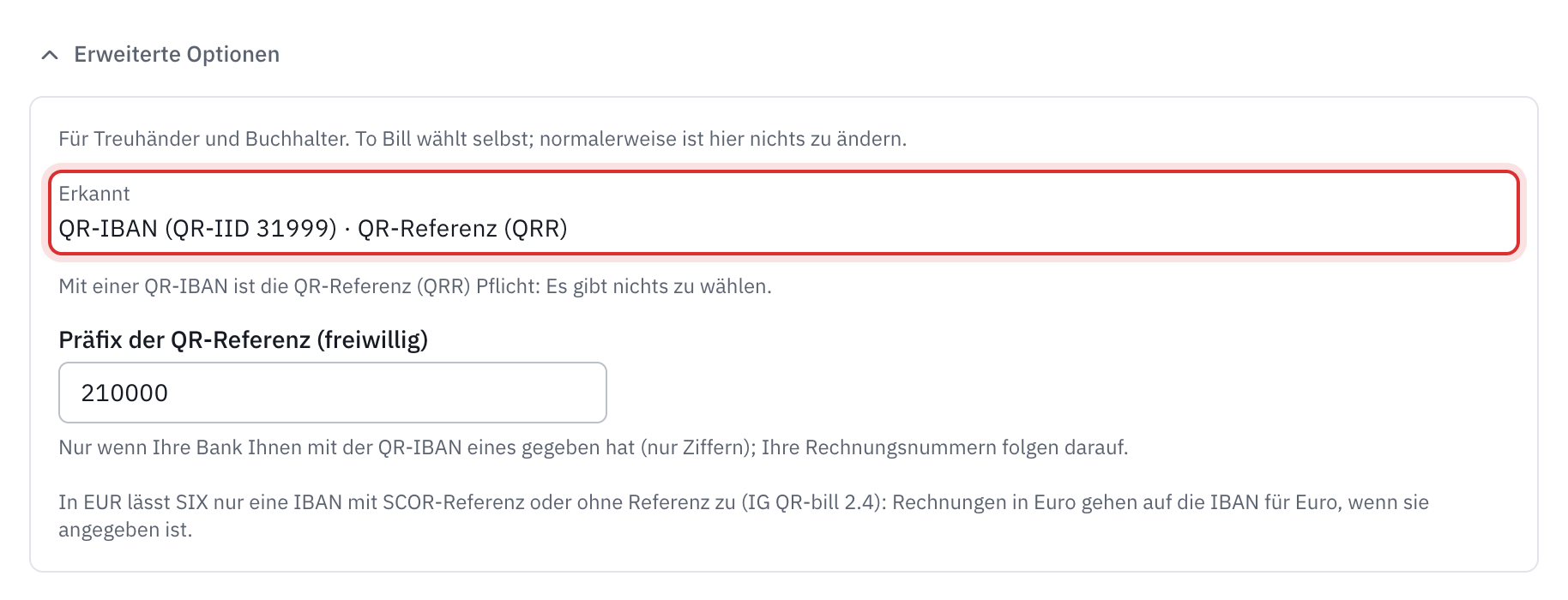 Die geöffneten erweiterten Optionen für eine QR-IBAN: der erkannte Typ QR-IBAN (QR-IID 31999) mit QR-Referenz (QRR), das Präfix der QR-Referenz und die Regel für Euro.
