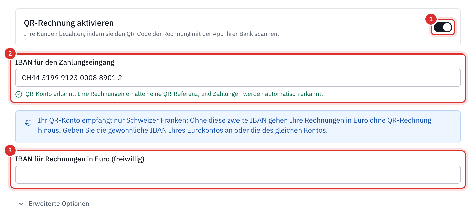 Der Bereich QR-Rechnung der Einstellungen: der Schalter QR-Rechnung aktivieren, die QR-IBAN in IBAN für den Zahlungseingang, die Zeile QR-Konto erkannt, der Hinweis zu Euro und das Feld IBAN für Rechnungen in Euro.
