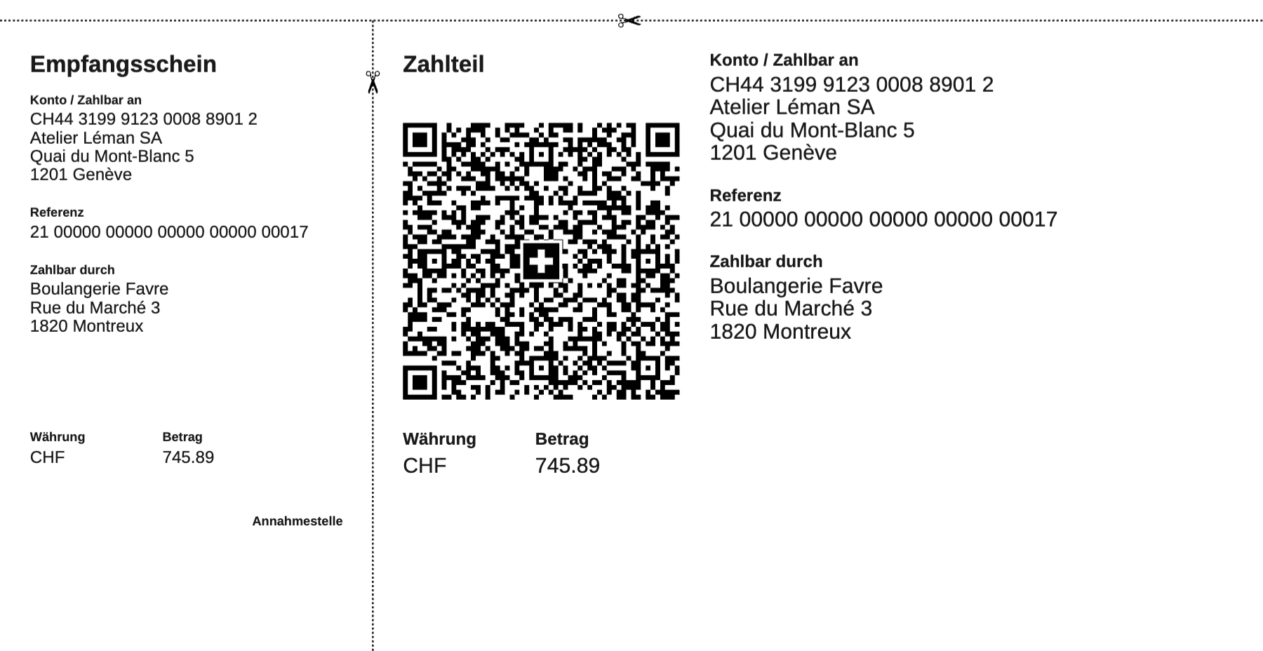 Die QR-Rechnung: links der Empfangsschein, rechts der Zahlteil mit QR-Code, Konto, Referenz, Betrag und Adresse des Kunden.