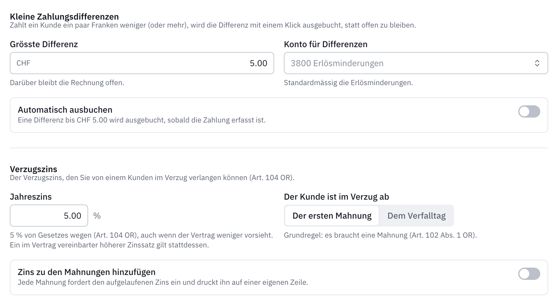 Der Bereich Differenzen und Verzugszins: die kleinen Zahlungsdifferenzen, der Jahreszins von 5 %, der Verzugsbeginn mit der ersten Mahnung und die Option, den Zins zu den Mahnungen hinzuzufügen.