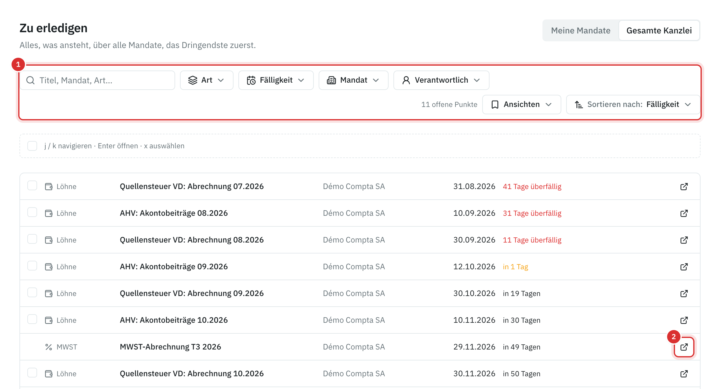 Die Seite Zu erledigen: die Such- und Filterleiste, darunter die MWST-Abrechnungen und die Lohnfristen eines Mandats, mit ihrer Fälligkeit.