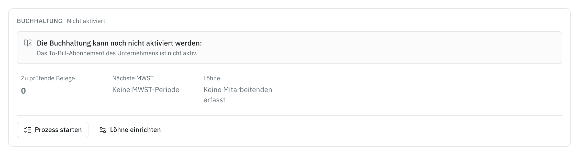 Die Karte Buchhaltung eines Mandats: Die Buchhaltung kann noch nicht aktiviert werden, weil das Abonnement des Unternehmens nicht aktiv ist.
