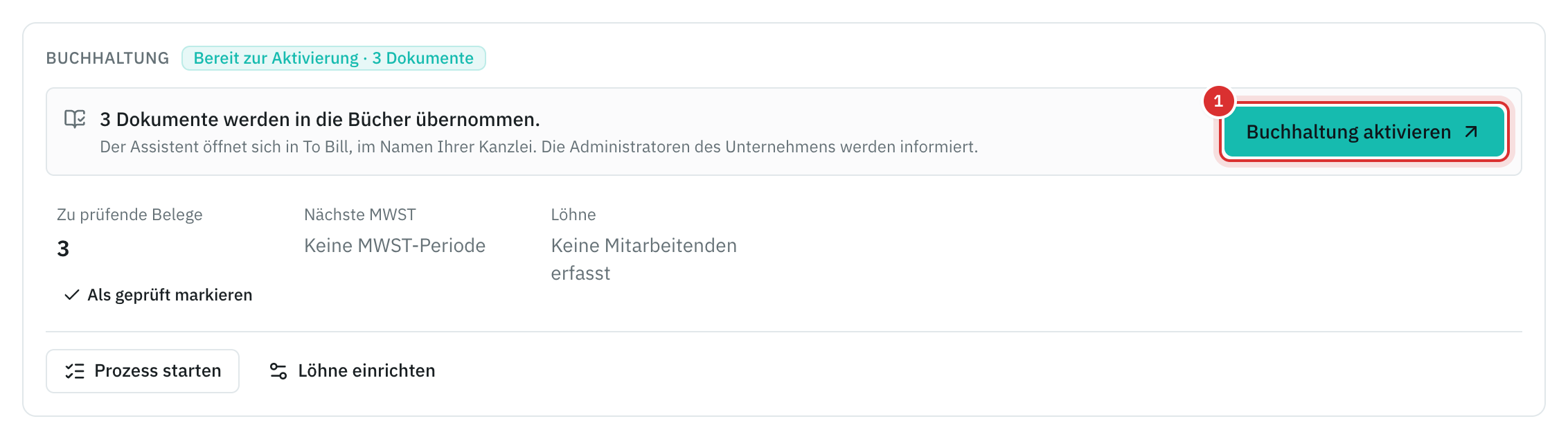 Die Karte Buchhaltung eines Mandats, das zur Aktivierung bereit ist: drei Dokumente werden übernommen, und die Schaltfläche Buchhaltung aktivieren.
