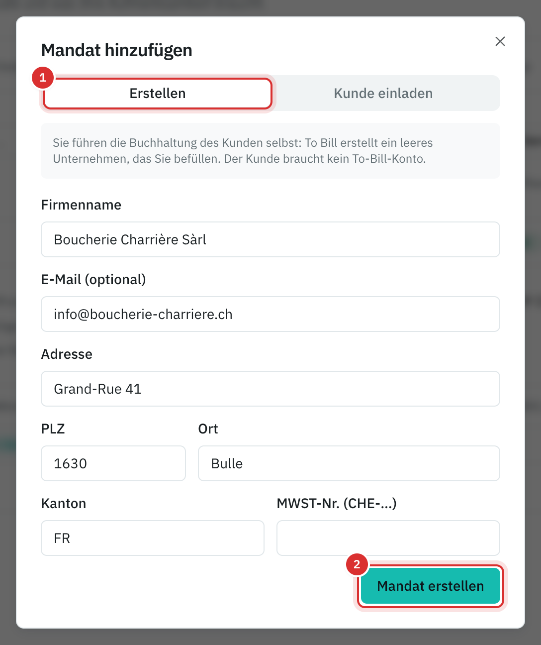 Das Fenster Mandat hinzufügen, Tab Erstellen: Name, E-Mail und Adresse des Unternehmens und die Schaltfläche Mandat erstellen.