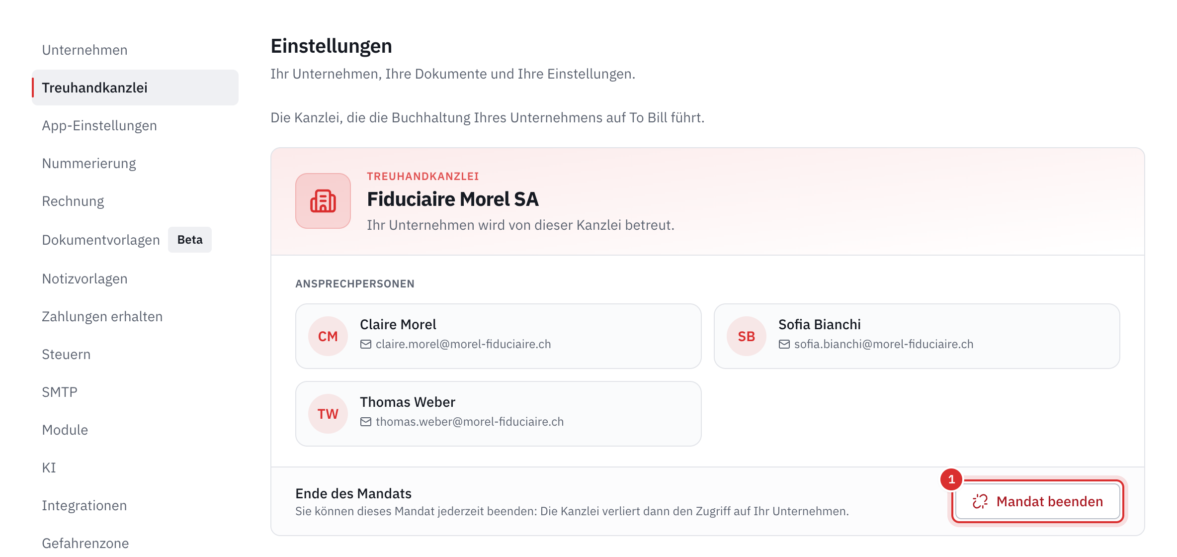Die Seite Treuhandkanzlei des Kunden: die Kanzlei, ihre Verantwortlichen und die Schaltfläche Mandat beenden.