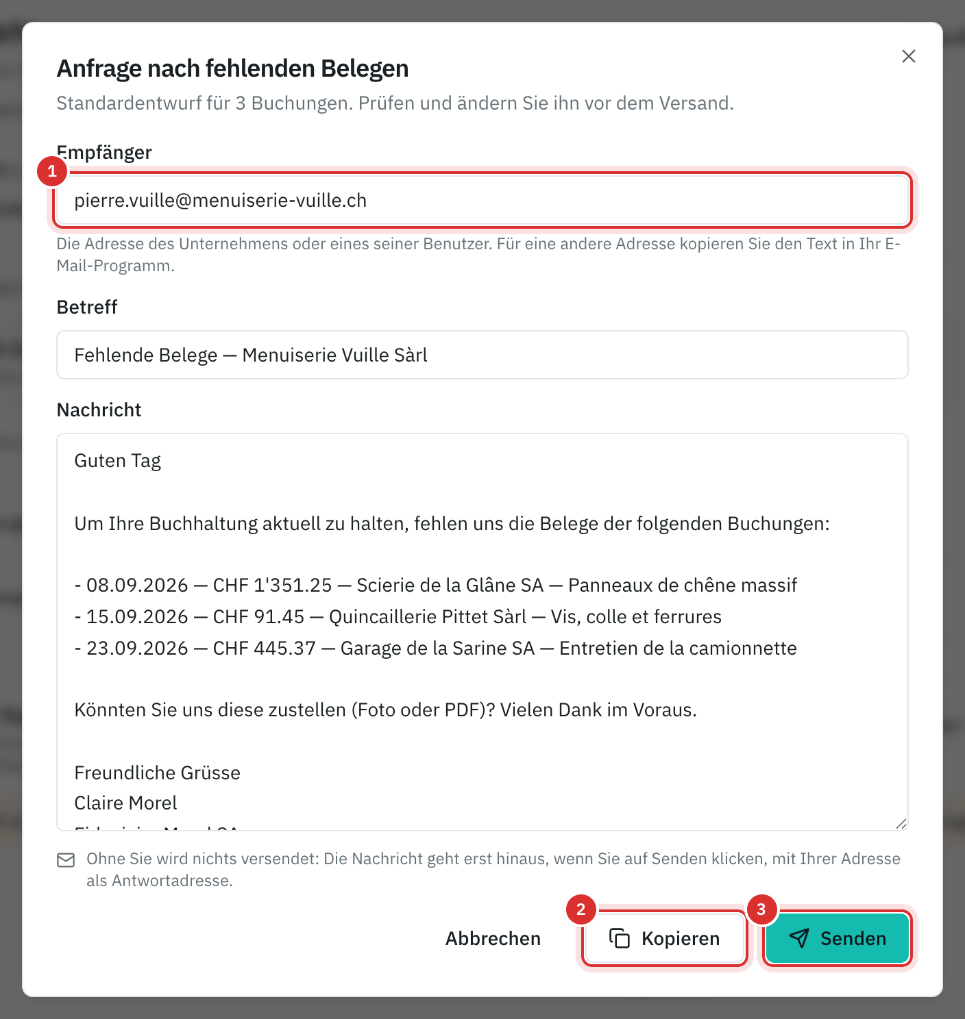 Das Fenster Anfrage nach fehlenden Belegen: Empfänger, Betreff, die Nachricht mit drei Buchungen und die Schaltflächen Kopieren und Senden.