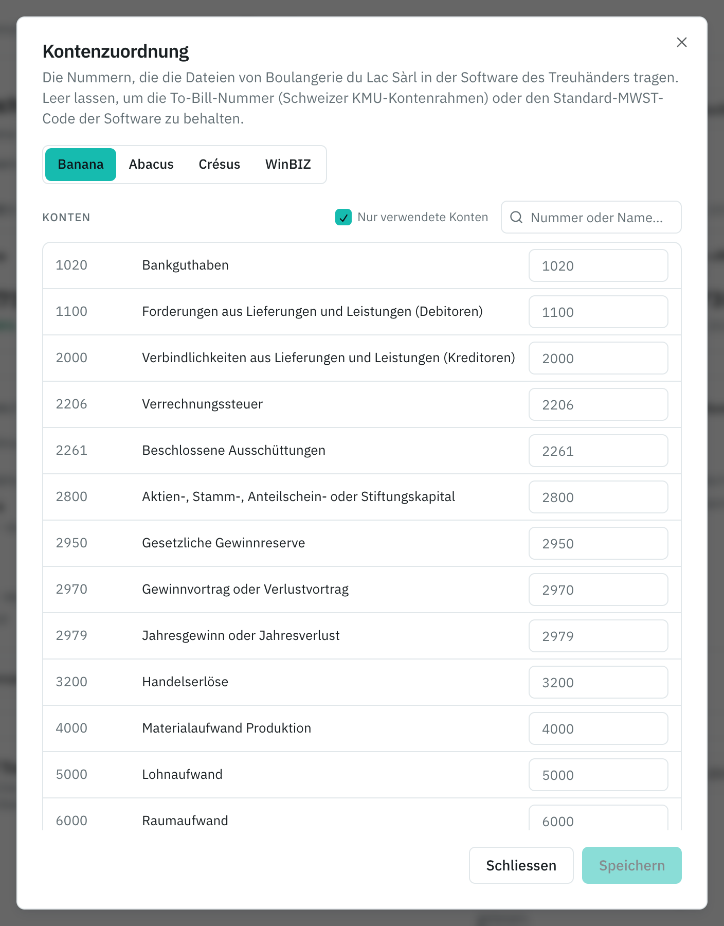 Das Fenster Kontenzuordnung: die To-Bill-Konten und daneben ihre Nummer in der Software des Treuhänders, darunter die MWST-Codes.