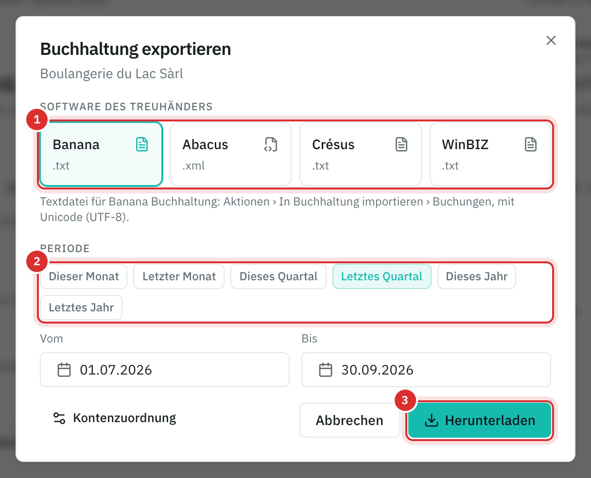 Das Fenster Buchhaltung exportieren: Banana gewählt, die Periode des letzten Quartals und die Schaltfläche Herunterladen.