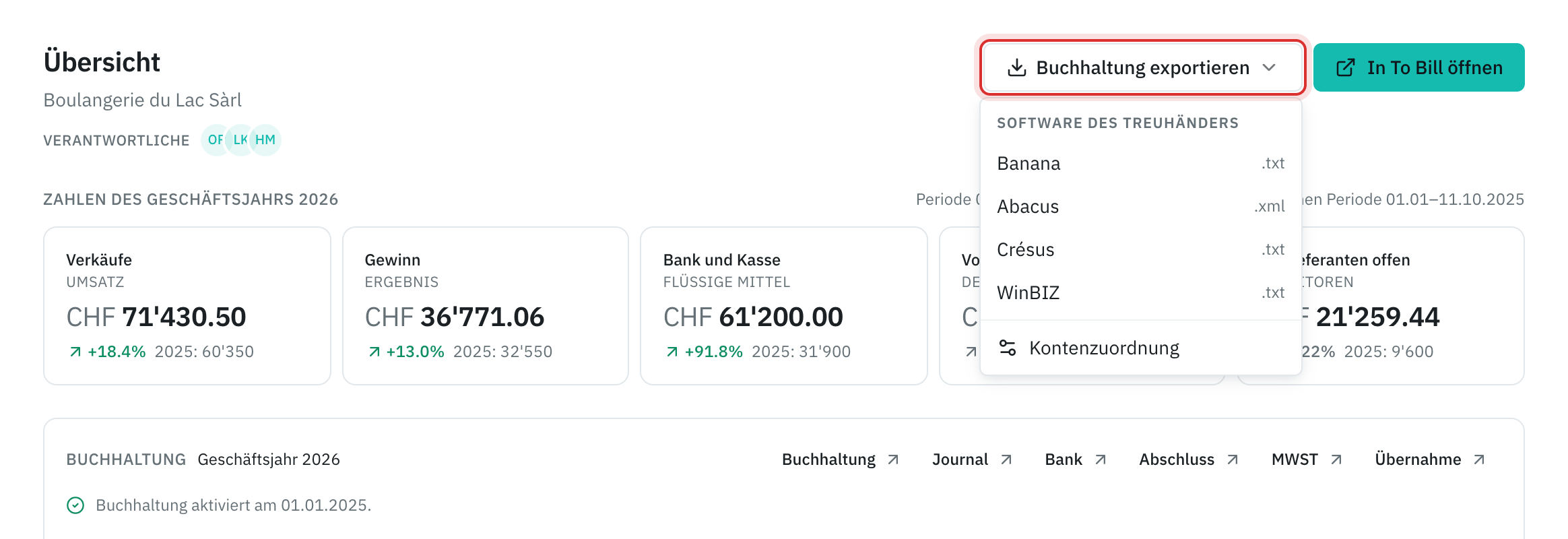 Das Menü Buchhaltung exportieren: Banana, Abacus, Crésus, WinBIZ und Kontenzuordnung.
