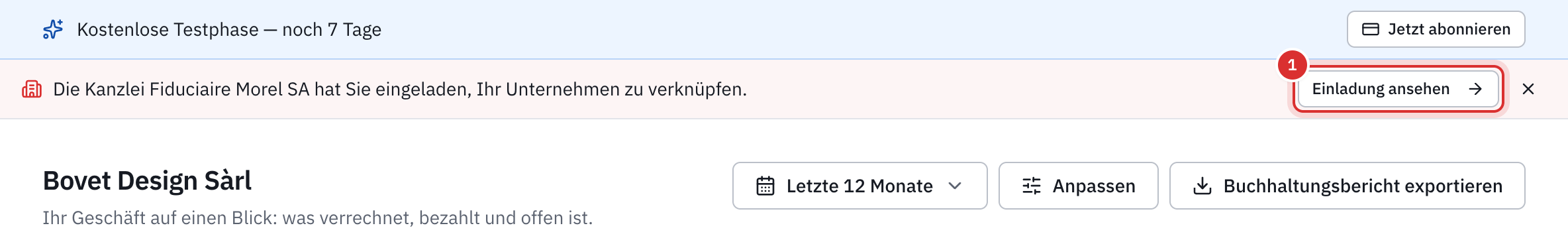 Das Dashboard des Kunden mit dem Banner der Einladung der Kanzlei und der Schaltfläche Einladung ansehen.