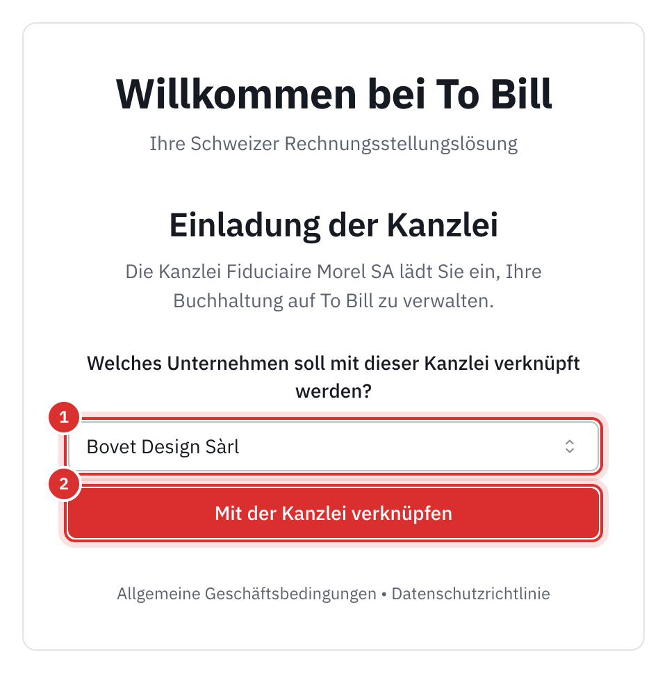 Die Seite Einladung der Kanzlei: die Wahl des Unternehmens und die Schaltfläche Mit der Kanzlei verknüpfen.