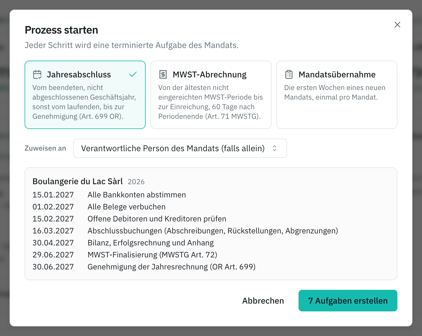 Das Fenster Prozess starten: Jahresabschluss gewählt, seine sieben terminierten Schritte und die Schaltfläche 7 Aufgaben erstellen.