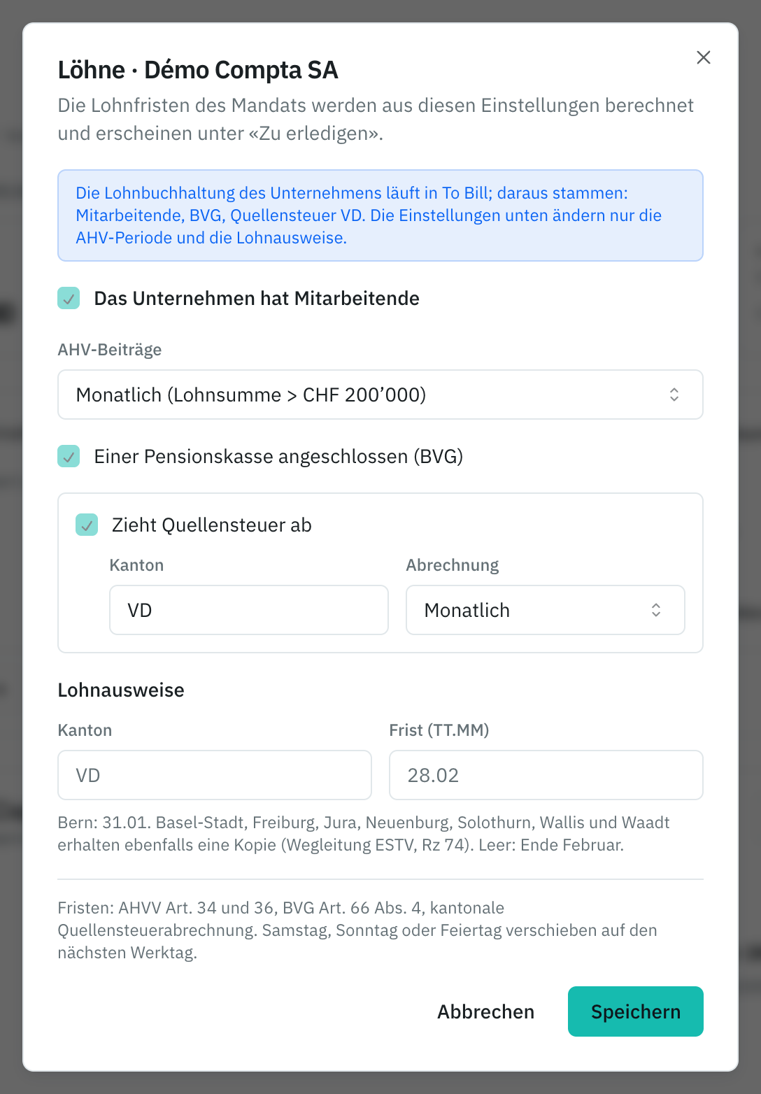 Das Fenster Löhne eines Mandats: die Mitarbeitenden, der AHV-Rhythmus, das BVG, die Quellensteuer und die Lohnausweise.
